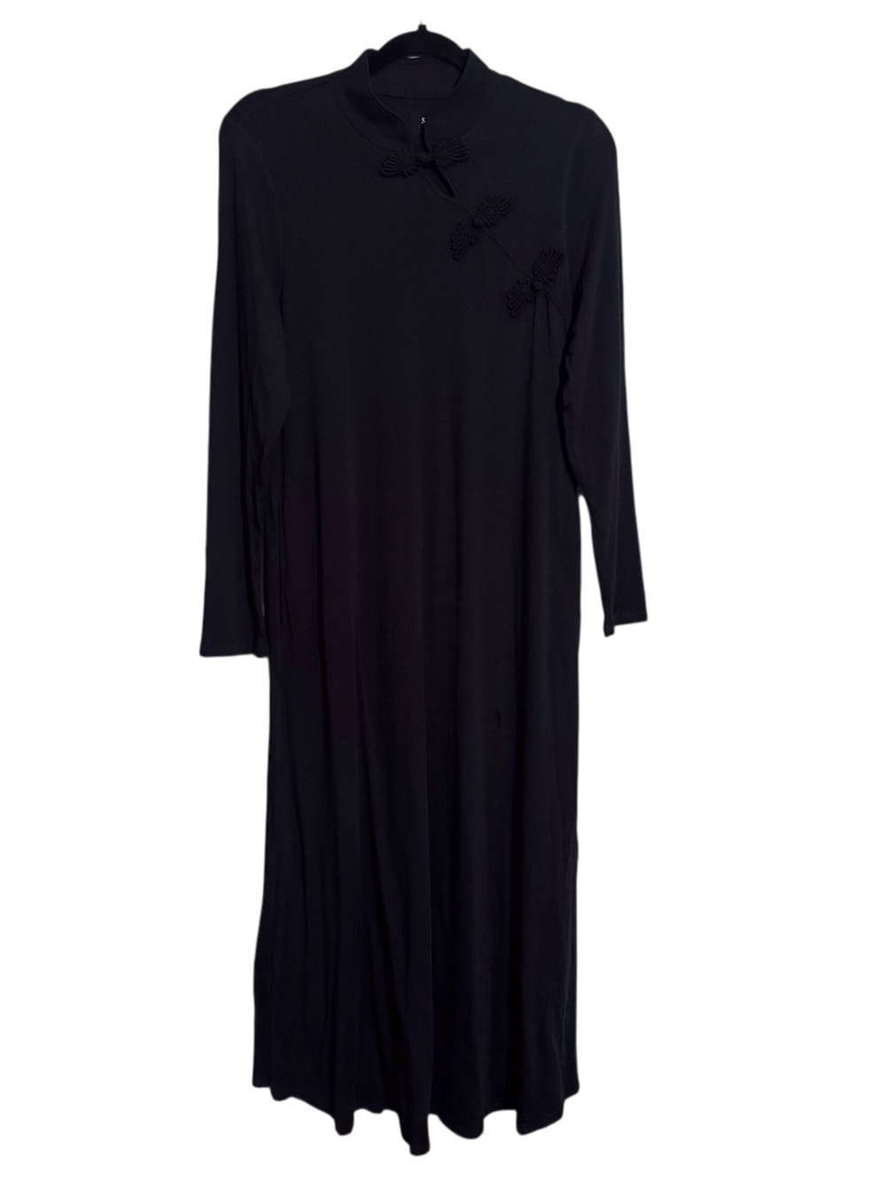 Soft Surroundings Petite Medium Black Cheongsam Maxi Dress Stretch Pockets Asian